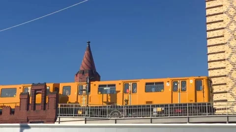 Train in Berlin on the old bridge over the river. Railway transport of germany Stock Footage 196802185