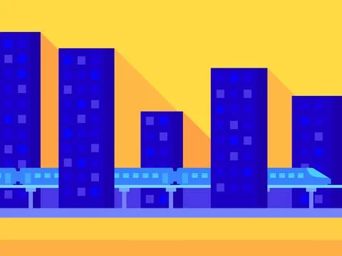 Train between high-rise buildings. Tall residential buildings with shadow i.. Ilustração Stock