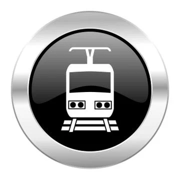 Train black circle glossy chrome icon isolated. Stock Illustration