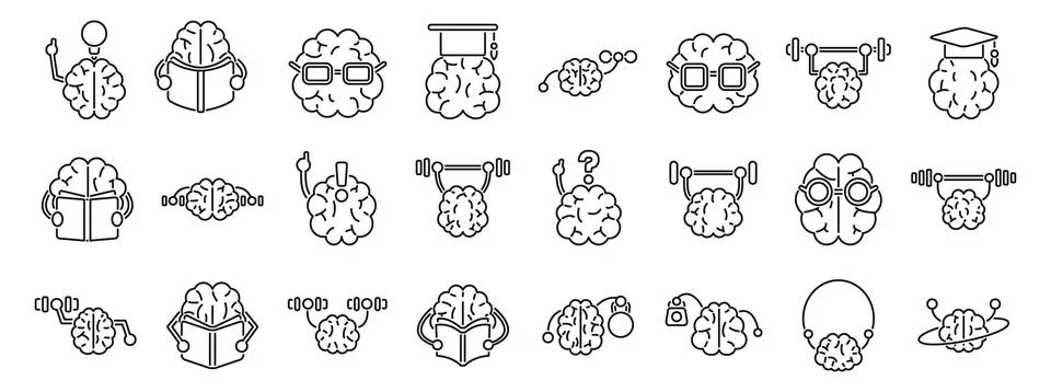 Train brain icons set. Brain activities representing learning, thinking, tr.. Stock Illustration