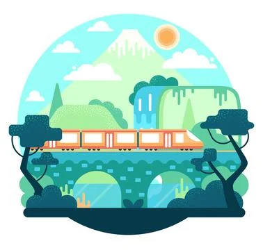 Train on the bridge among the mountains, waterfall and trees Stock Illustration