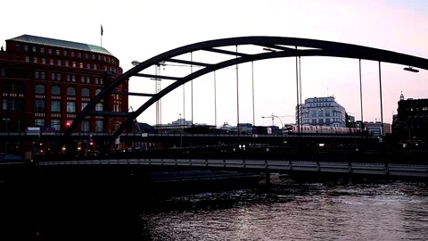 Train on bridge in Hamburg Stock Footage 79354411