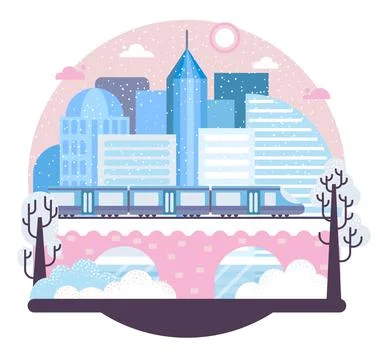 Train on bridge in megapolis winter background - Vector illustration Stock Illustration