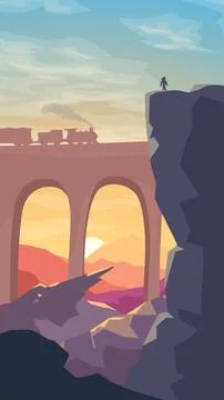 A train on bridge with mountain landscape Stock Illustration