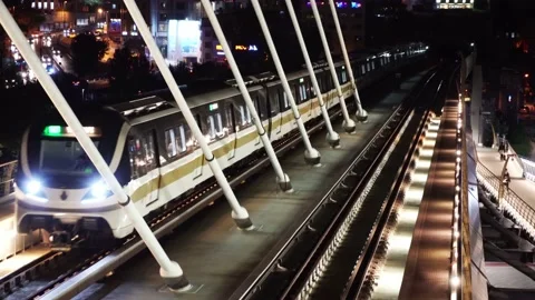 Train on bridge at night. Stock Footage 144405876