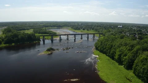 Train bridge over a river in Canada from drone Stock Footage 157141352