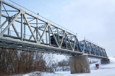 Train on the bridge. Stock Photos