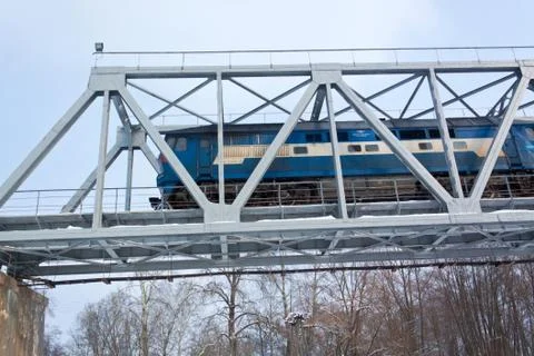 Train on the bridge. Stock Photos