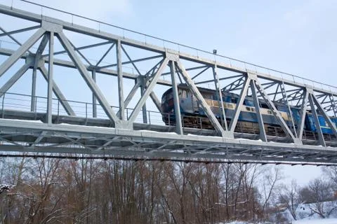 Train on the bridge. Stock Photos