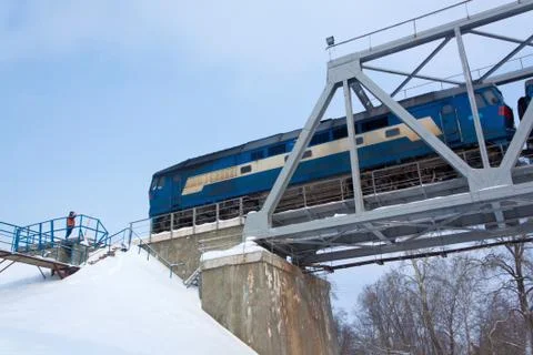 Train on the bridge. Stock Photos