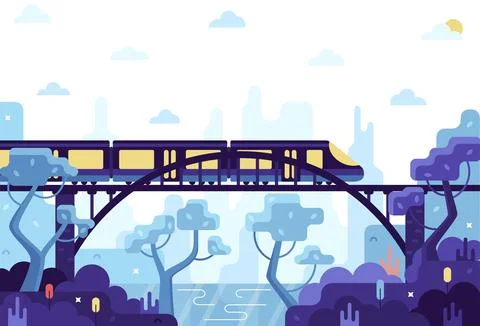 Train on the bridge - vector cartoon illustration in flat stile Stock Illustration