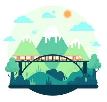 Train on the bridge - vector cartoon illustration in flat stile Stock Illustration