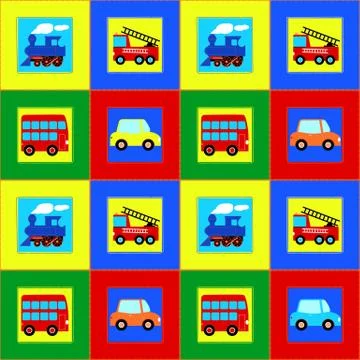 Train, Bus, Car and Fire truck children seamless pattern Stock Illustration