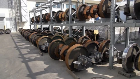 Train Car Garage with many train wheels Stock Footage 88502093