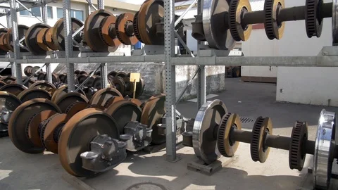 Train Car Garage with many train wheels Stock Footage 88532506