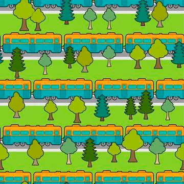 Train car seamless pattern. railway track ornament. Railroad background. Vect Stock Illustration