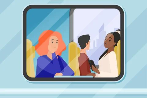 Train car window outside, passengers looking through glass, people travel in 스톡 일러스트