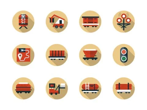 Train cargo shipment round flat beige vector icons Stock Illustration