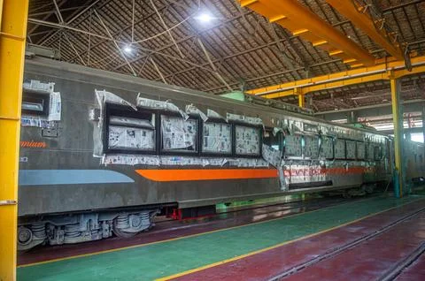 "A train carriage in PT Kereta Api Indonesia's Surabaya Gubeng workshop is .. Stock Photos