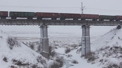 Train Carriages moving on bridge Stock Footage 58282080