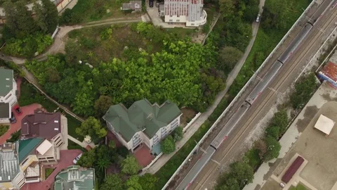 Train in the city aerial view  Video stock 83384441