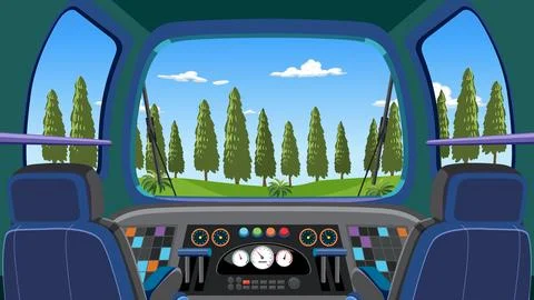 Train Cockpit View Looking Out at Green Forest Landscape Vector Illustration Illustrazione stock