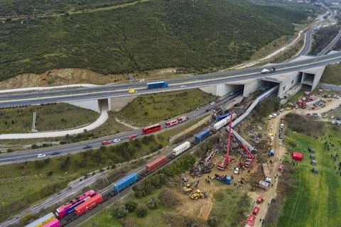 A train collision in Greece. A passenger train and a cargo train were invol.. Stock Photos