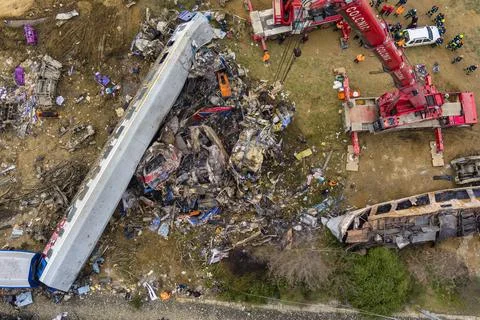 A train collision in Greece. A passenger train and a cargo train were invol.. Stock Photos