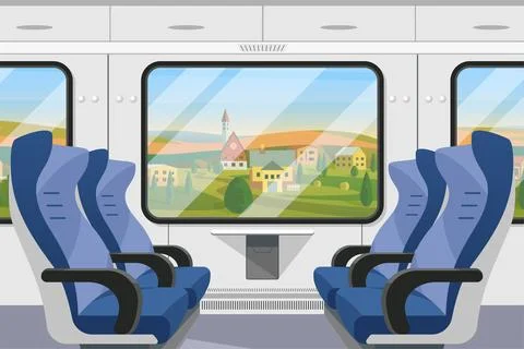 Train compartment inside interior, empty railway car with comfortable passengers Illustrazione stock