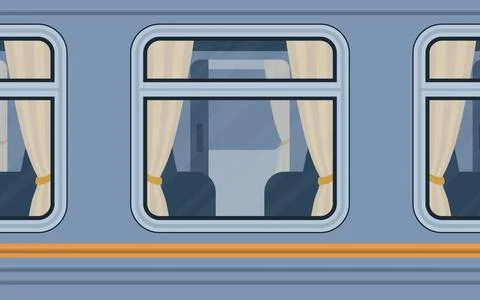 Train compartment windows. Rail transport outside. Cartoon style. Flat style. Stock Illustration