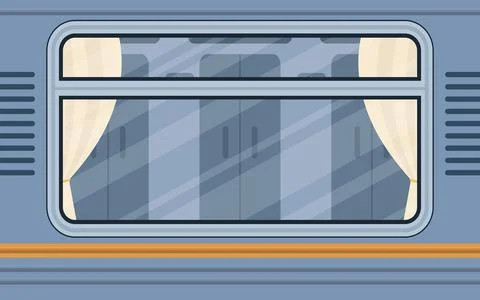 Train compartment windows. Rail transport is shown outside. Cartoon style. Fl Illustrazione stock