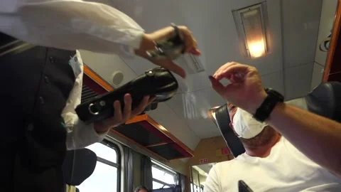 Train conductor and ticket control, man, passanger covid mask Stock Footage 159090037