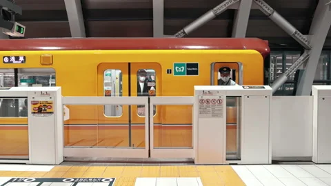 Train conductor instruct the driver of the train to move train on Ginza line Stock-Footage 219273847