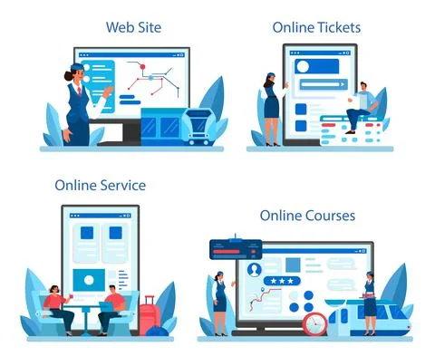 Train conductor online service or platform set. Railway worker in uniform Stock Illustration