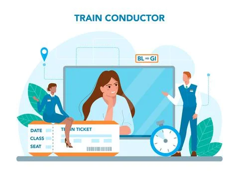 Train conductor. Railway worker in uniform on duty. Train attendant Stock Illustration