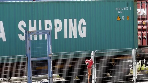 Train with container in shipyard 4k intro video for business Stock Footage 93045116