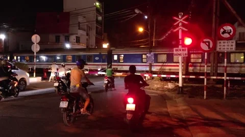 The train crosses the highway Stock-Footage 246655364