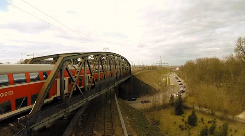 Train crossing bridge. aerial view. fly over. railway. transit traffic Stock Footage 36194672