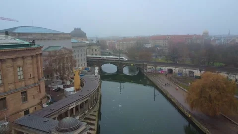 Train Crossing Bridge Over River Spree Berlin Germany – 4K Aerial Footage Stock Footage 327171492