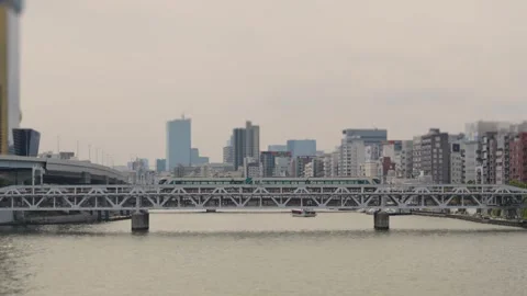 Train crossing a bridge over the Sumida River in Tokyo, Japan Stock-Footage 344674055