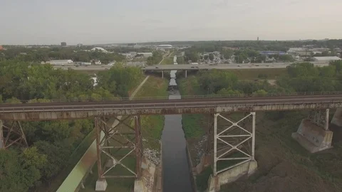 Train Crossing Bridge Raw Stock Footage 80235602