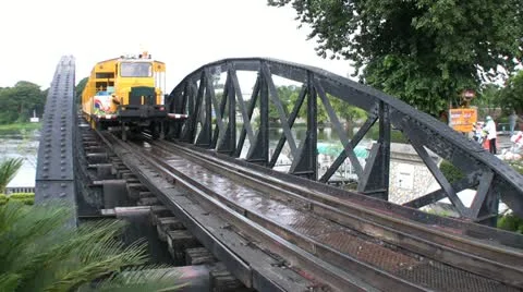 Train Crossing Bridge On The River Kwai Stock Footage