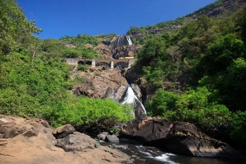 Train crossing dudhsagar falls Stock Photos
