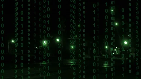 Train crossing gates with binary code scrolling across the screen Stock Footage 101446392