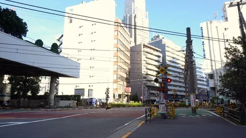 Train Crossing at Level Crossing while Barriers are down in Tokyo, Japan - Stock Footage 97699940
