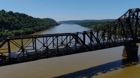 Train Crossing Ohio River P&amp;LE Railroad Bridge Western Pennsylvania Aerial Stock Footage 112616475