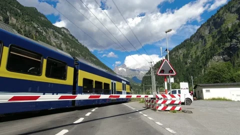 Train crossing the road on railway tracks. Cars waiting for the train to cross Stock Footage 209485083