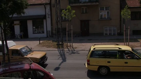 Train crossing small town Stock Footage 93962802