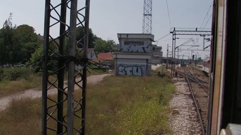 Train crossing small villages Stock Footage 93962642