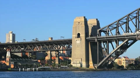Train crossing Sydney Harbour Bridge in 4k Stock Footage 58567075